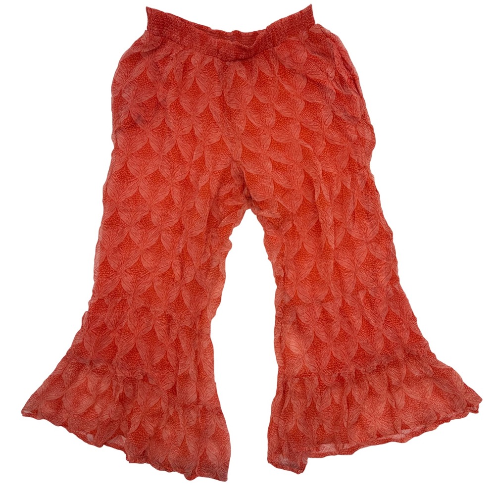Sundance Coral Orange Leaf Print Cupro Wide Leg Ruffle Hem Pants Womens Large